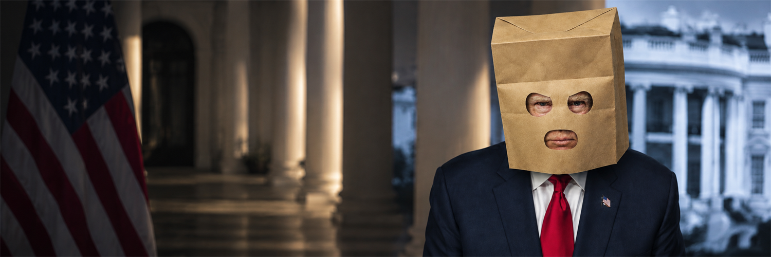 Anonymous Trump in a kraft-paper mask inside a presidential setting