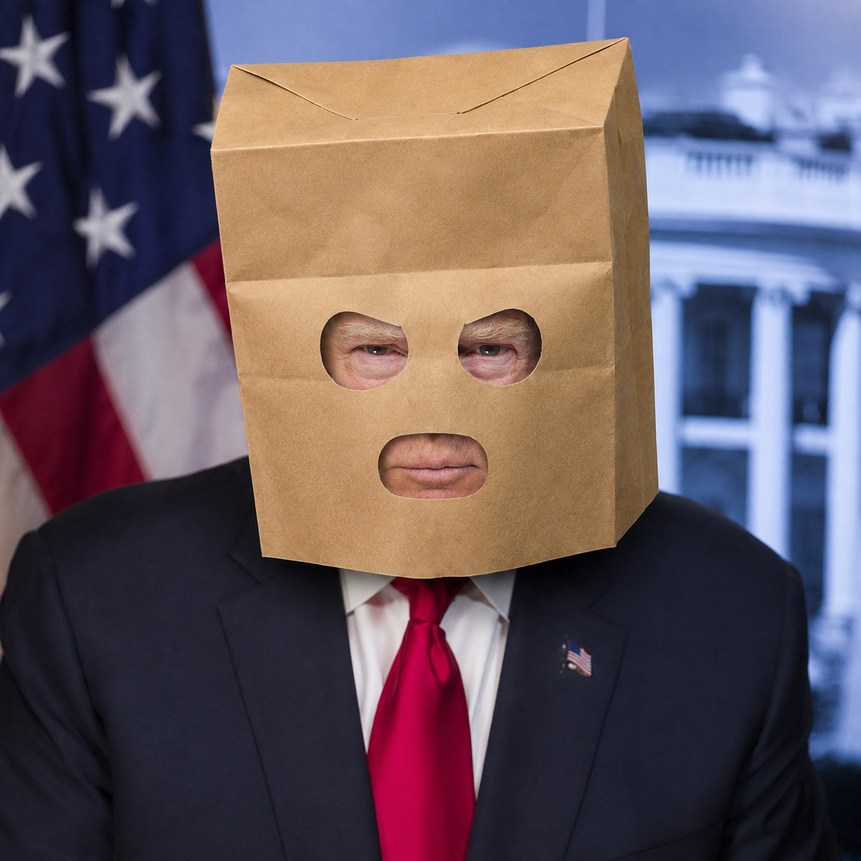 Close portrait of Anonymous Trump wearing the paper mask